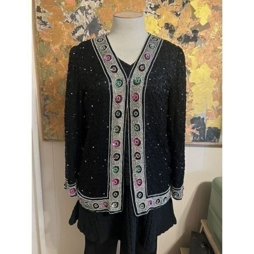 Vintage Laurence Kazar Womens Large Sequin Evening Jacket Black Beaded 100% Silk